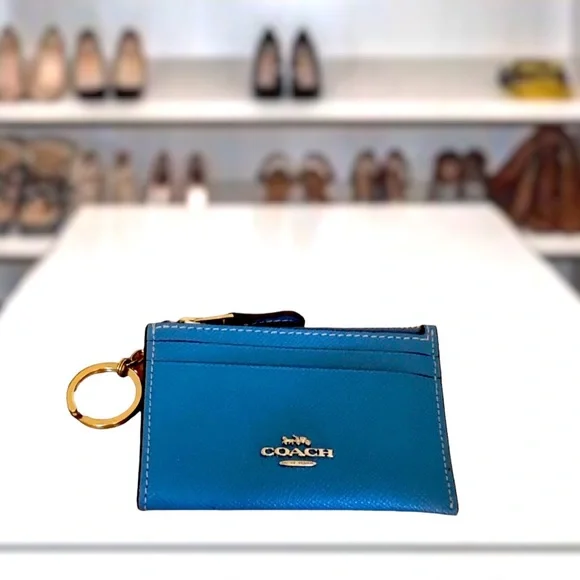 New Coach Crossgrain Leather Mini ID Cardholder Electric Blue with Keyring - Picture 3 of 12